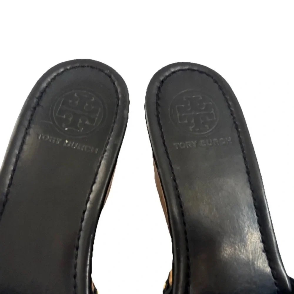 Tory Butch wedge Sandal I Black Leather Slipon size 9.5